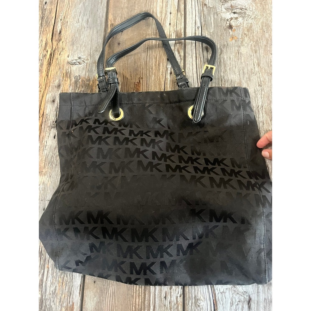 Michael Kors Black Monogram Nylon Tote Bag Gold Hardware MK Logo Shoulder Bag - Picture 1 of 3